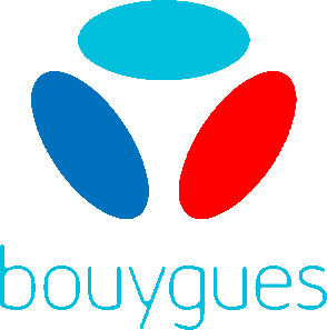 Logo Bouygues Telecom composé de trois formes ovales (une bleu clair, une bleu foncé, une rouge) formant un motif triangulaire au-dessus des mots bouygues TELECOM en bleu clair sur fond noir.