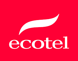 Texte écotel blanc en minuscules avec une forme incurvée blanche au-dessus, sur fond rouge vif.