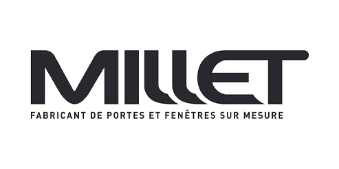 Logo noir et blanc avec le mot MILLET en caractères gras et modernes, et la phrase FABRICANT DE PORTES ET FENÊTRES SUR MESURE écrite en dessous en lettres majuscules plus petites.