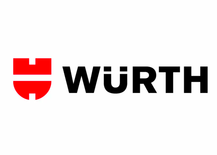 Logo Würth comportant un emblème rouge en forme de bouclier avec une ligne horizontale blanche et des découpes, à côté du mot WÜRTH en lettres majuscules noires en gras sur fond blanc.