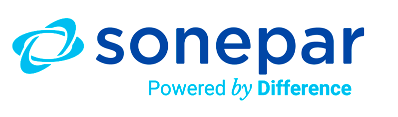 Logo Sonepar présentant un motif tourbillon abstrait bleu à côté du mot sonepar en lettres bleues en gras, avec le slogan Powered by Difference en bleu clair ci-dessous.