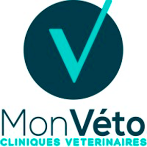 Logo pour Mon Véto Cliniques Vétérinaires, comportant une grande coche bleu sarcelle à l'intérieur d'un cercle bleu sarcelle foncé au-dessus du nom de l'entreprise en polices grasses et régulières, avec du texte supplémentaire en dessous en bleu sarcelle.
