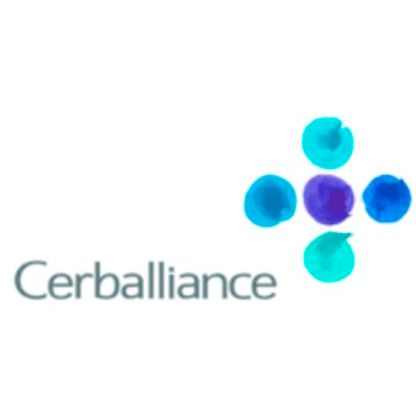 Logo Cerballiance avec le nom de la marque en texte gris et cinq points aquarelle formant un motif en croix, quatre en bleu et un en violet, sur fond blanc.