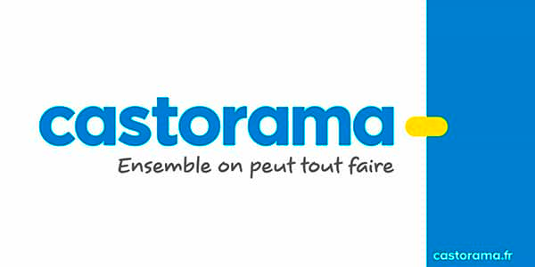 Le logo Castorama avec le slogan « Ensemble on peut tout faire » en bas, sur fond blanc et bleu. Le site web castorama.fr apparaît en bas à droite.