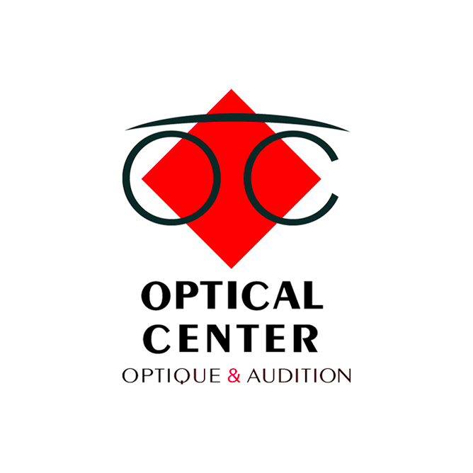 Logo avec un losange rouge en arrière-plan, les grandes lettres noires « OC » en haut et les mots « OPTIQUE CENTER » en bas. La mention « OPTIQUE & AUDITION » apparaît en bas, en plus petit.