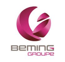 Logo du Groupe Beming, avec un motif abstrait stylisé rose et violet au-dessus du nom de l'entreprise. BEMING apparaît en gras et en gris, tandis que GROUPE apparaît en rose en dessous.