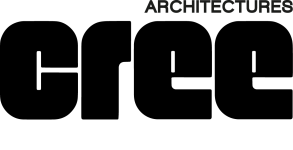 Logo en texte noir avec le mot « cree » en grandes lettres minuscules et grasses, avec le mot « ARCHITECTURES » en lettres majuscules plus petites au-dessus du coin supérieur droit de « cree ».