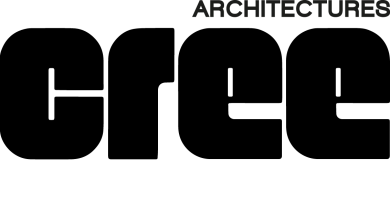 Logo en texte noir avec le mot « cree » en grandes lettres minuscules et grasses, avec le mot « ARCHITECTURES » en lettres majuscules plus petites au-dessus du coin supérieur droit de « cree ».