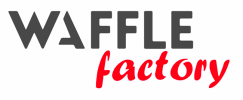 L'image montre le logo de l'usine WAFFLE. « WAFFLE » est en majuscules grises et grasses, et « usine » est en minuscules cursives rouges en dessous. Le fond est blanc.