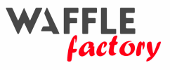 L'image montre le logo de l'usine WAFFLE. « WAFFLE » est en majuscules grises et grasses, et « usine » est en minuscules cursives rouges en dessous. Le fond est blanc.