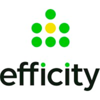 Logo EffiCity comportant six points verts formant une forme de flèche avec un point jaune au centre au-dessus du mot efficity en lettres minuscules noires.