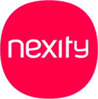 L'image montre le logo Nexity, comportant le mot nexity en lettres minuscules blanches sur un fond carré arrondi rouge vif.