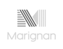 Un logo stylisé de la lettre M avec des lignes noires et grises épaisses et fines alternées, au-dessus du mot Marignan en texte gris clair sur fond blanc.