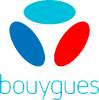 Logo Bouygues Telecom composé de trois formes ovales (une bleu clair, une bleu foncé, une rouge) formant un motif triangulaire au-dessus des mots bouygues TELECOM en bleu clair sur fond noir.