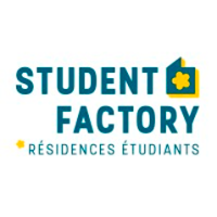 Logo avec le texte STUDENT FACTORY RÉSIDENCES ÉTUDIANTS en bleu sarcelle, avec une icône de maison jaune représentant une forme d'étoile au-dessus du mot FACTORY.
