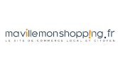 Logo de mavillemonshop.fr avec le slogan « Le site de commerce local et citoyen » sur fond blanc. Le texte est en minuscules, avec des surlignages orange sur les lettres « ville » et le point d'exclamation.
