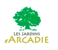 Logo avec un arbre vert au-dessus du texte « Les Jardins d'Arcadie », avec « Les Jardins » en gris et « dARCADIE » en jaune. Le fond est blanc.