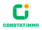 Logo abstrait vert et orange ressemblant aux lettres C et i, avec le mot CONSTATIMMO en lettres majuscules vertes en gras en dessous sur un fond blanc.