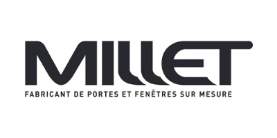 Logo noir et blanc avec le mot MILLET en caractères gras et modernes, et la phrase FABRICANT DE PORTES ET FENÊTRES SUR MESURE écrite en dessous en lettres majuscules plus petites.