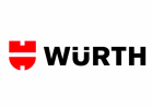 Logo Würth comportant un emblème rouge en forme de bouclier avec une ligne horizontale blanche et des découpes, à côté du mot WÜRTH en lettres majuscules noires en gras sur fond blanc.