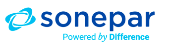 Logo Sonepar présentant un motif tourbillon abstrait bleu à côté du mot sonepar en lettres bleues en gras, avec le slogan Powered by Difference en bleu clair ci-dessous.