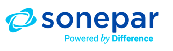 Logo Sonepar présentant un motif tourbillon abstrait bleu à côté du mot sonepar en lettres bleues en gras, avec le slogan Powered by Difference en bleu clair ci-dessous.