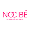 Logo Nocibé en rose avec les lettres O et C superposées. En dessous, le slogan français « LA BEAUTÉ PARTAGÉE » apparaît en plus petit texte rose, le tout sur fond blanc.
