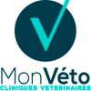 Logo pour Mon Véto Cliniques Vétérinaires, comportant une grande coche bleu sarcelle à l'intérieur d'un cercle bleu sarcelle foncé au-dessus du nom de l'entreprise en polices grasses et régulières, avec du texte supplémentaire en dessous en bleu sarcelle.