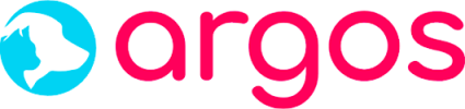Logo Argos représentant un sourire blanc stylisé dans un cercle bleu à gauche et le mot argos en lettres minuscules roses en gras sur fond blanc.