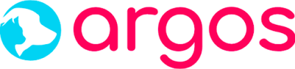 Logo Argos représentant un sourire blanc stylisé dans un cercle bleu à gauche et le mot argos en lettres minuscules roses en gras sur fond blanc.