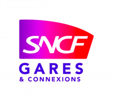Le logo SNCF Gares & Connexions présente SNCF en blanc sur une forme dégradée rose et rouge au-dessus des mots Gares & Connexions en lettres majuscules violettes.