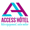 Logo d'ACCESS'HÔTEL : les initiales « AH » stylisées violettes et turquoise au-dessus du nom, en gras violet. En dessous, l'inscription « Votre équipement, notre métier » est inscrite en cursive bleu clair.