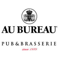 Logo pour AU BUREAU Pub & Brasserie comportant un écusson au-dessus du nom et la phrase depuis 1989 écrite en rouge en dessous.