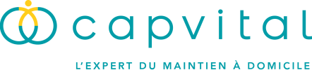 Logo Capvital avec texte stylisé en sarcelle, icône circulaire avec formes jaunes et sarcelles à gauche, et slogan "L'EXPERT DU MAINTIEN À DOMICILE" en sarcelle en dessous.
